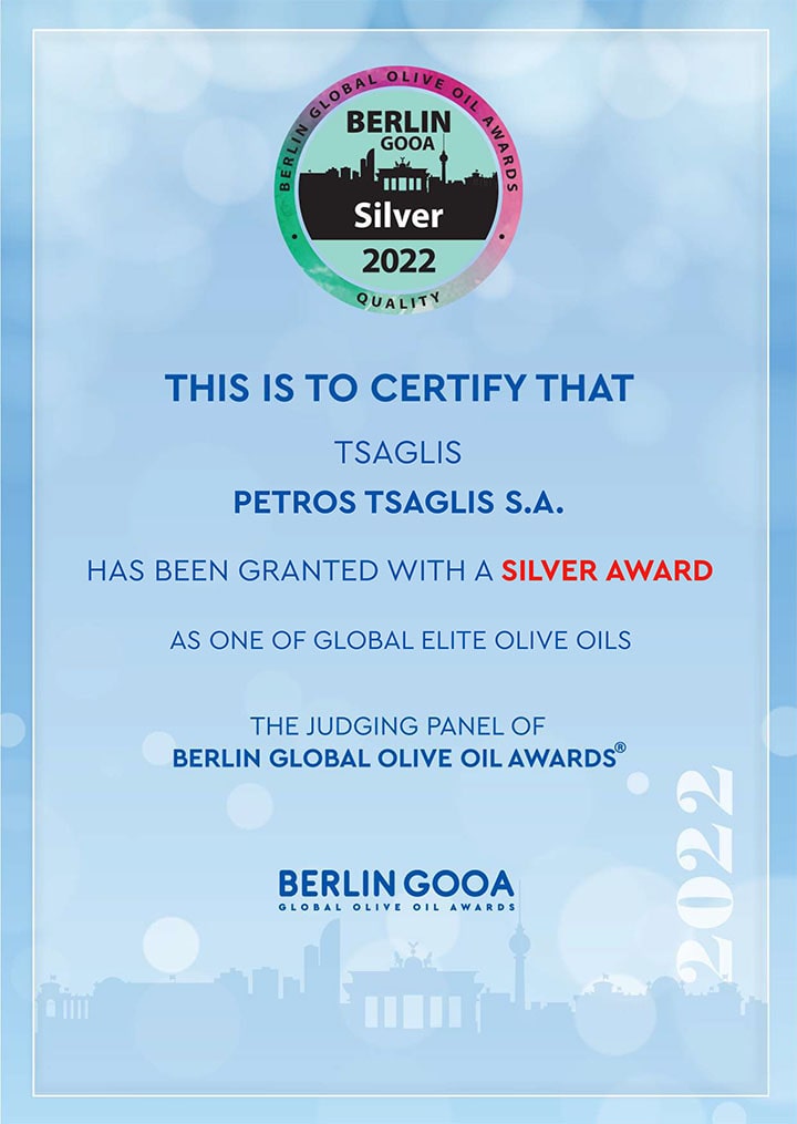 Berlin Global Olive Oil Awards 2022 - Silver award certificate - Petros Tsaglis SA